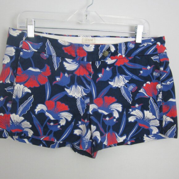 J Crew Womens 8 Navy Blue Red White Shorts Floral Flat Front 100% Cotton M - Picture 1 of 7
